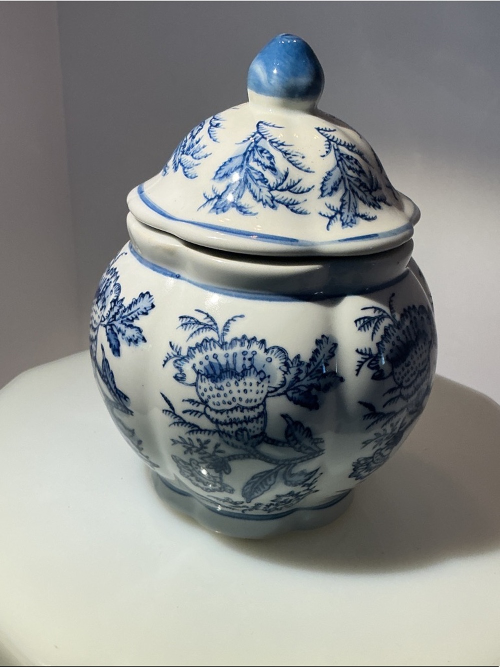 Blue and White Floral Ceramic Ginger Jar with Lid